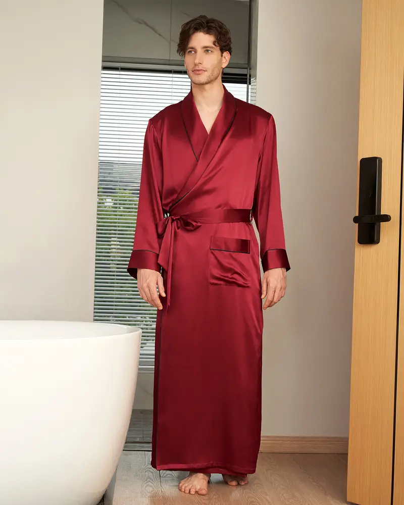 Uomini Kimono Seta Rosso 100% Seta Naturale Grande Qualità Morbida Colletto Classico Con Risvolto Morbida Violetto Rosso