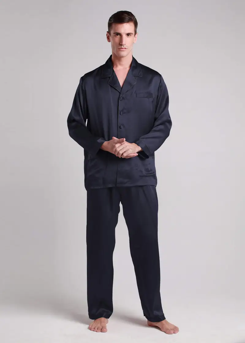 Uomini Pigiama Donna Seta Blu Scuro 100% Seta Naturale Grande Qualità Morbida Romanticismo Il Prodotto Più Richiesto Dai Nostri Utenti