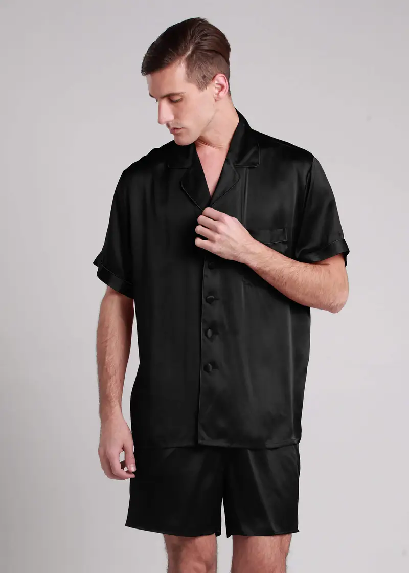 Uomini Pigiama Donna Seta Nero 100% Seta Naturale Grande Qualità Drappeggia Bene Maniche Corte Dura Più A Lungo Ed