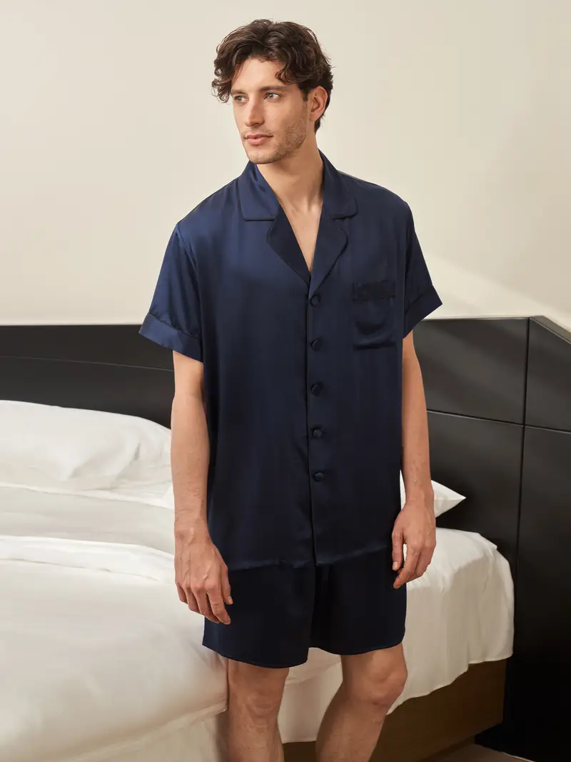 Uomini Pigiama In Seta Blu Scuro Charmeuse Di Seta Trattiene L'Umidità Trattiene L'Umidità Resistente All'Usura Per Le Persone Allergiche