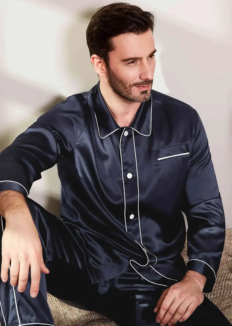 Uomini Pigiama Seta Donna Blu Scuro 100 Pura Seta Trattiene Umidità Traspirante Aiuto Per Il Sonno Dura Più A Lungo Ed