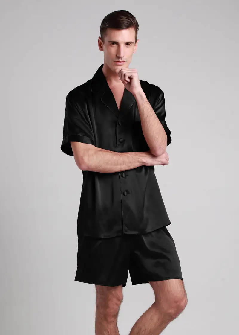 Uomini Pigiama Seta Nero 100 Pura Seta Pacchetto Regalo Trattiene L'Umidità Collo Dentellato Comodo