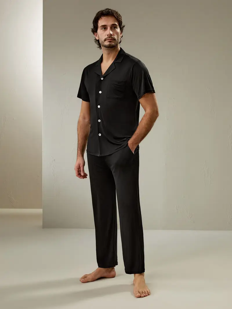 Uomini Pigiama Seta Nero 100% Seta Naturale Pacchetto Regalo Traspirante Aiuto Per Il Sonno Vestibilità Morbida