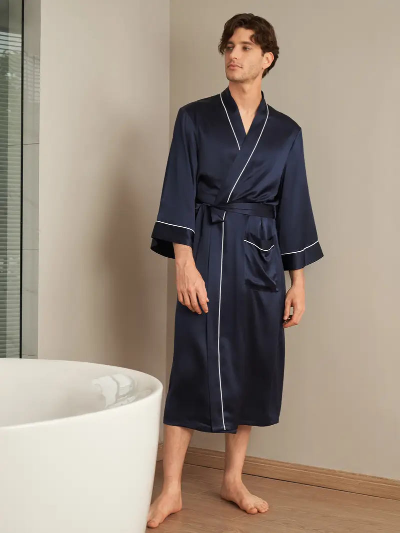 Uomini Vestaglia Di Seta Donna Blu Scuro 100 Pura Seta Pacchetto Regalo Drappeggia Bene Manica Centrale Aiuto Per Il Sonno