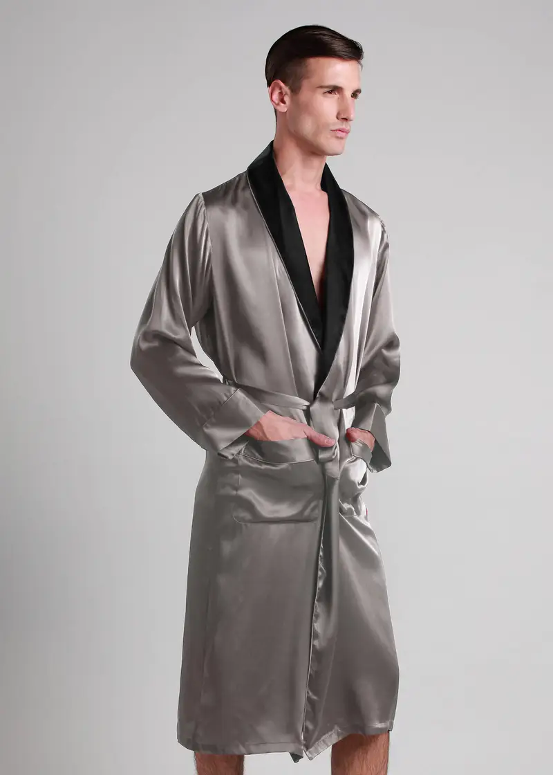 Uomini Vestaglia Di Seta Grigio Scuro 100 Pura Seta Pacchetto Regalo Morbida Aiuto Per Il Sonno Vestaglia Di Seta