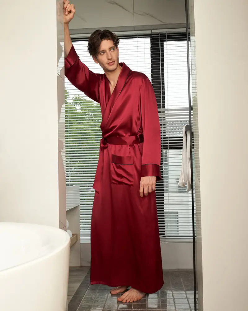 Uomini Vestaglia In Seta Rosso Charmeuse Di Seta Trattiene L'Umidità Trattiene L'Umidità Resistente All'Usura Violetto Rosso