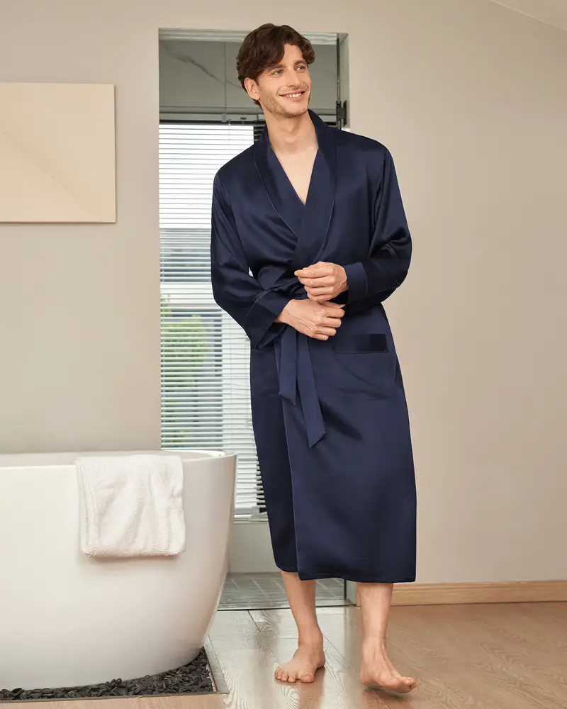 Uomini Vestaglia Seta Donna Blu Scuro 100% Seta Naturale Grande Qualità Trattiene L'Umidità Misura Personalizzata