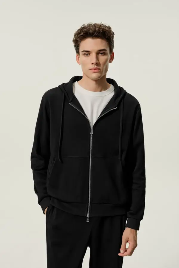 Uomo Felpa con Zip in Seta e Cotone Morbida con Cappuccio Nero