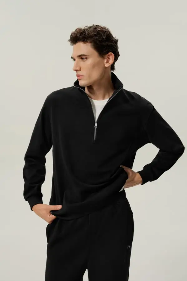 Uomo Felpa Mezza Zip in Seta Morbida con Collo Alto Nero