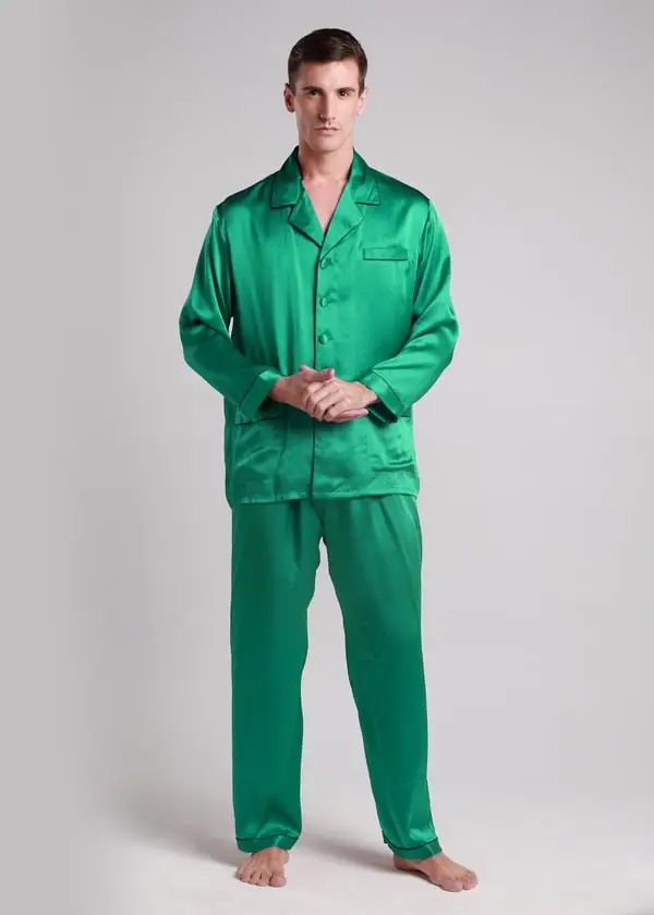 Uomo Pigiama di Seta Morbido Collo Dentellato Set Pigiama Giada