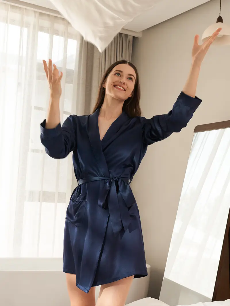 Vestaglia Di Seta Blu Scuro 100% Seta Naturale Morbida Lucida Collo A Scialle Maniche Lunghe Traspirante Pigiama Donna Di Seta