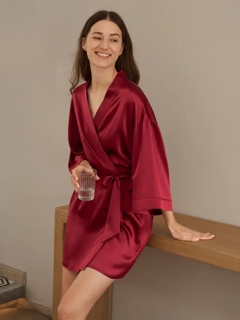 Vestaglia Di Seta Rosso 100 Pura Seta Trattiene L'Umidità Lussuosa Versione Breve Elegante Dura Più A Lungo Ed Violetto Rosso