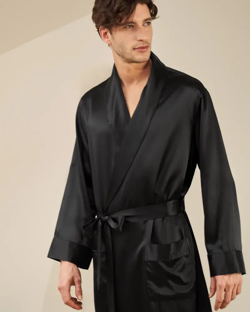 Vestaglia Di Seta Uomini Nero Seta Oeko-Tex Standard 100 Comodo Morbida Seta Biologica Certificata Gots