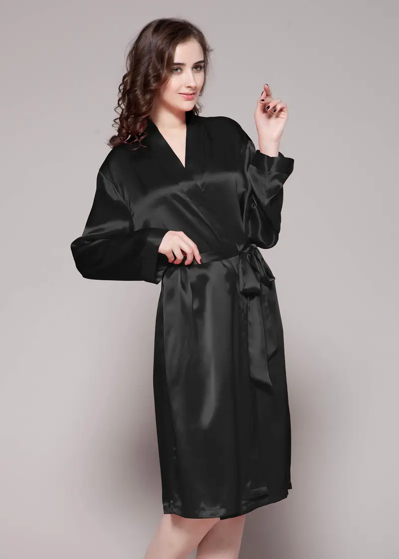 Vestaglia Donna Seta Nero 100% Seta Naturale Allegri E Traspiranti Semplicità Maniche Lunghe Resiste Durante Tutte Le Stagioni