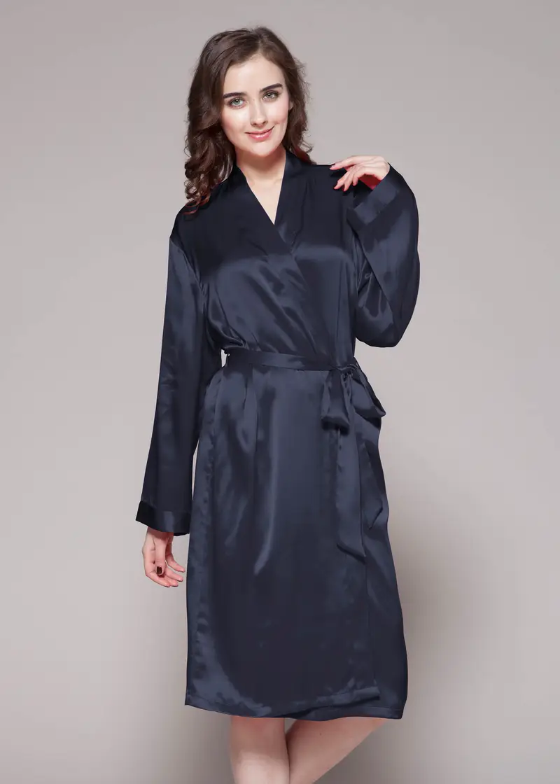 Vestaglia In Seta Blu Scuro 100 Pura Seta Morbida Lucida Maniche Lunghe Vestibilità Regolare Drappeggia Bene