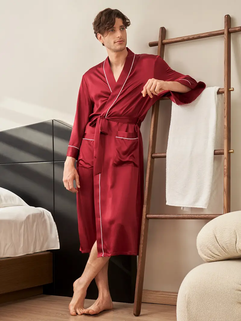 Vestaglia In Seta Uomini Rosso Seta Charmeuse Allegri E Traspiranti Liscia Scollo A V Liscia Violetto Rosso