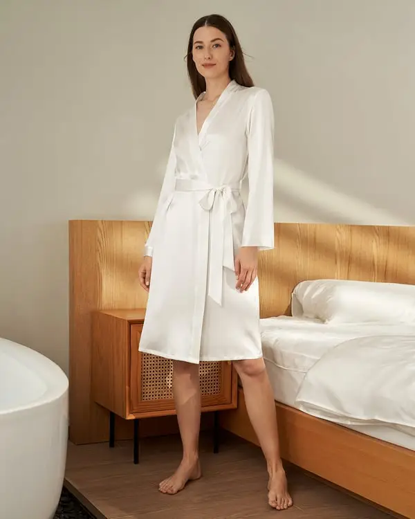 Vestaglia Seta Donna Bianco Naturale Collo A Scialle, Polsini Con Fascia Charmeuse Seta Vestibilità Regolare