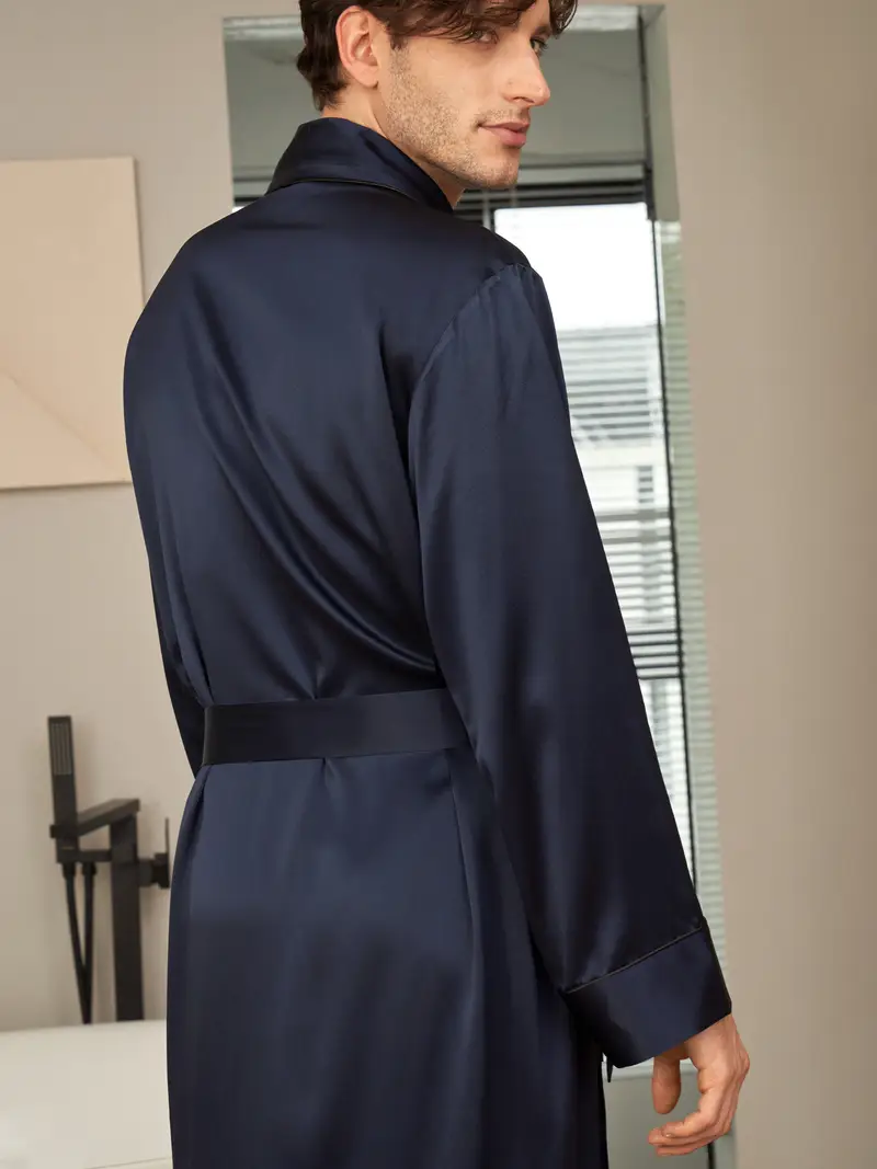 Vestaglia Seta Donna Uomini Blu Scuro Seta Oeko-Tex Standard 100 Liscia Maniche Lunghe Certificazione Internazionale