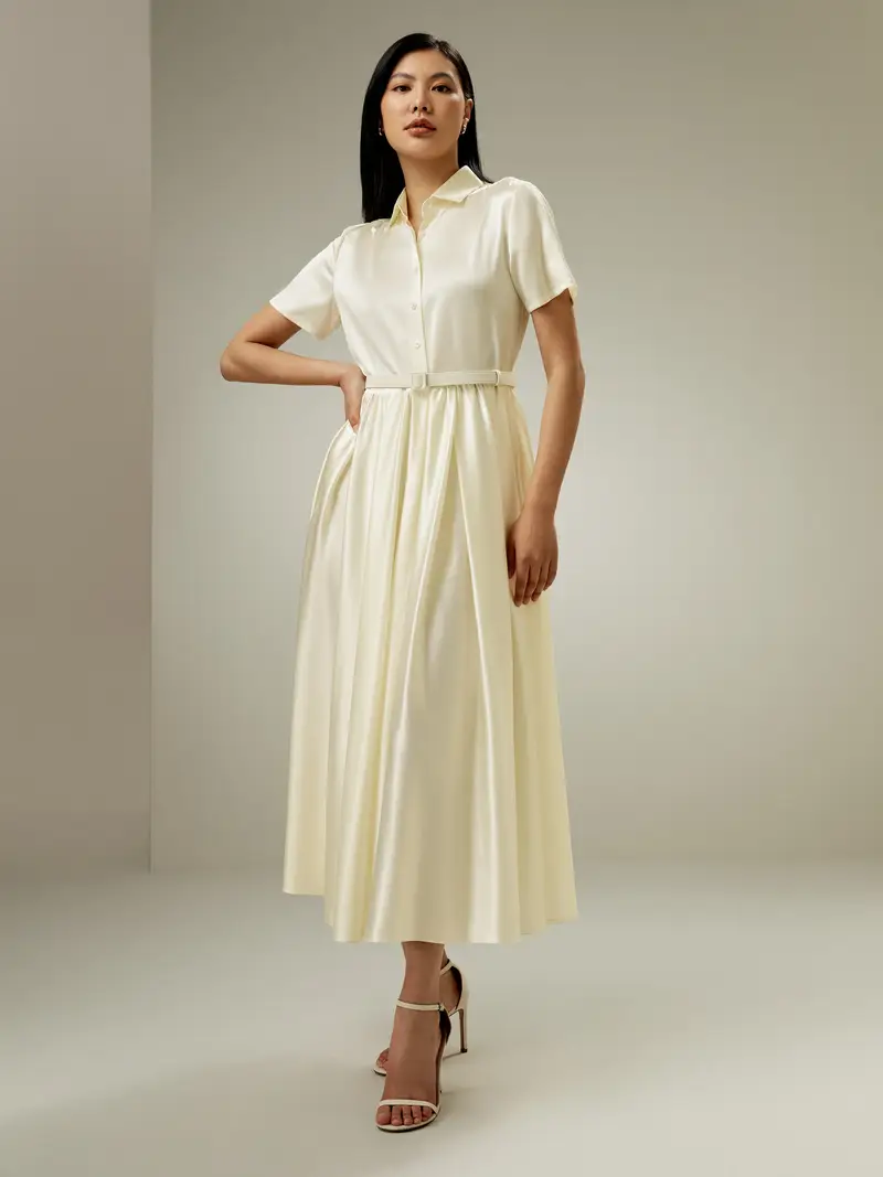 Vestiti In Seta Eleganti Giglio Bianco Tasche Laterali, Chiusura Con Bottoni 100% Seta Pura Privo Di Sostanze Chimiche Nocive