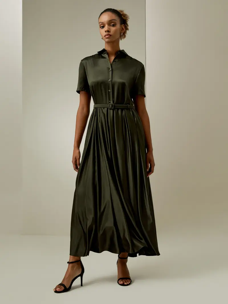 Vestiti In Seta Eleganti Oliva Scuro Cintura In Seta Abbinata, Collo A Camicia 100% Seta Naturale Dermocompatibile E Traspirante