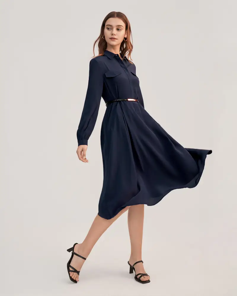 Vestito Di Seta Donna Blu-Marino Scollatura Alta, Maniche Lunghe 100% Seta Naturale Confortevole E Amichevole Per Le Persone Allergiche