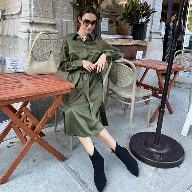 Vestito Di Seta Donna Verde Stile Militare, Classico Immediato 100% Seta Di Gelso Confortevole E Amichevole Per Le Persone Allergiche