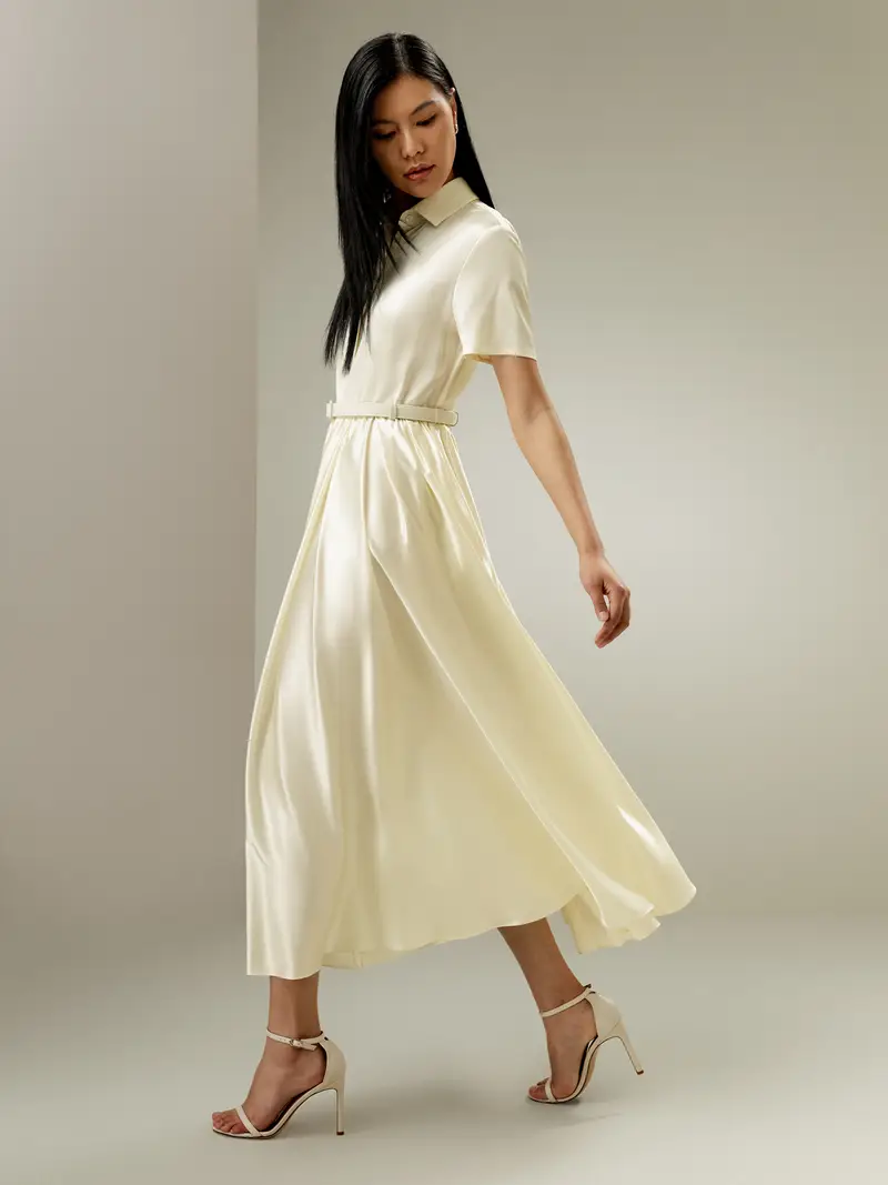 Vestito Di Seta Giglio Bianco Colletto A Camicia, Tasche Laterali 100% Seta Charmeuse Si Adatta Meglio Alla Forma Del Corpo