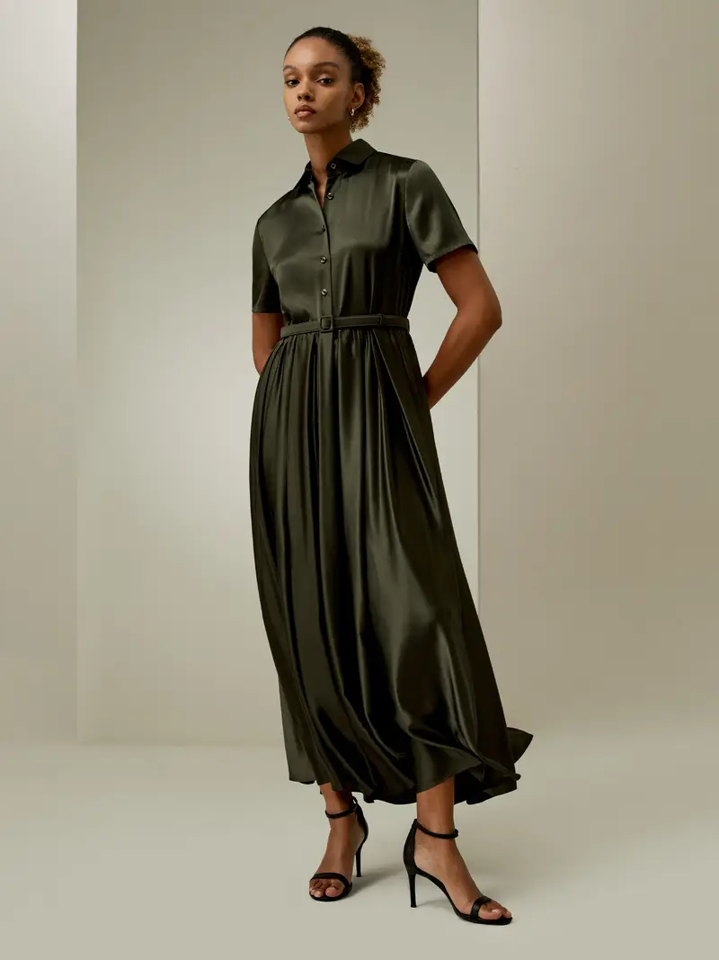 Vestito Di Seta Oliva Scuro Cintura In Seta Abbinata, Collo A Camicia 100% Seta Naturale Può Essere Indossato In Vari Modi