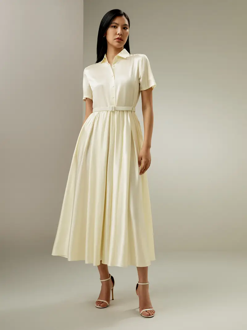 Vestito In Seta Giglio Bianco Colletto A Camicia, Tasche Laterali 100% Seta Charmeuse Delicato Sulla Pelle E Traspirante