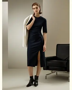 Vestito Lana Lungo Crewnecklusinghiere Pieghe In Vitalana Di Alta Qualità Lana Di Alta Qualità Vestibilità Slim Blu-Marino