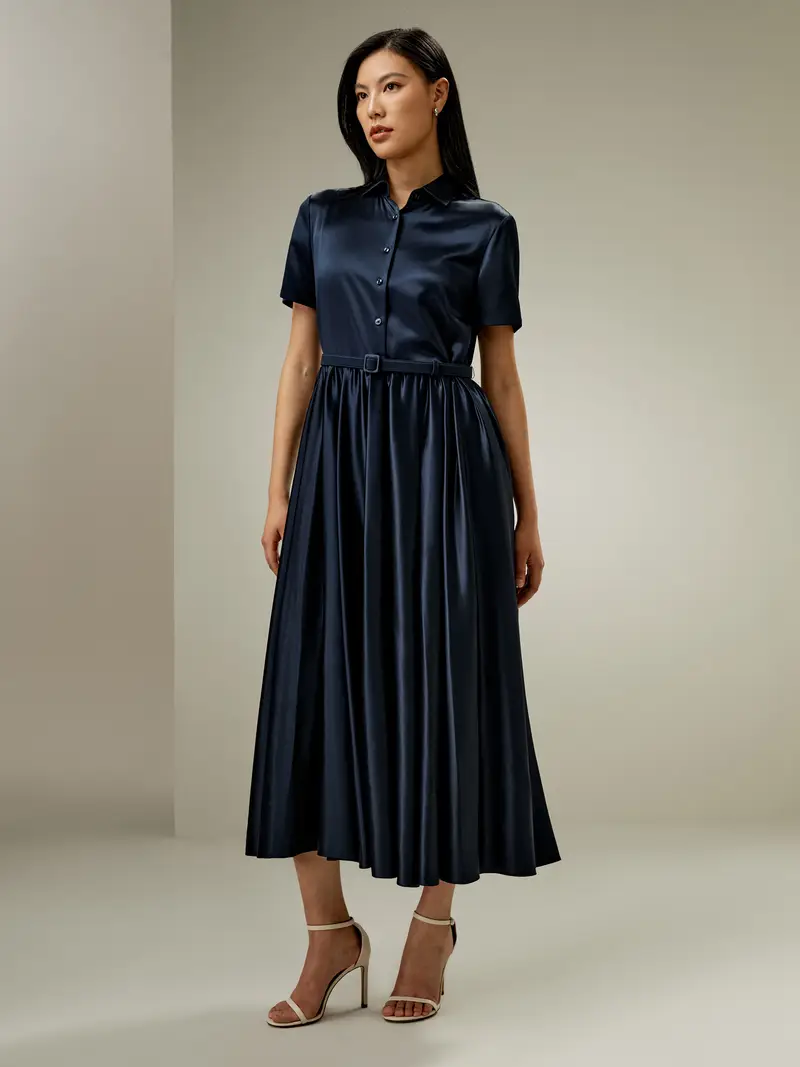 Vestito Seta Blu-Marino Colletto A Camicia, Tasche Laterali 100% Seta Charmeuse Delicato Sulla Pelle E Traspirante