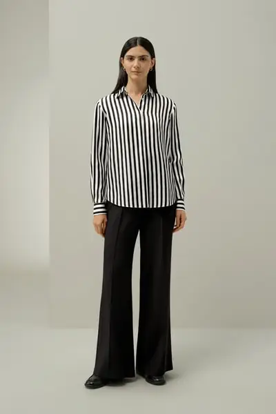 X LYDIA TOMLINSON Camicie Seta Femmina Seta Twill Traspirante, Ipoallergenico Gessato Nero-Bianco
