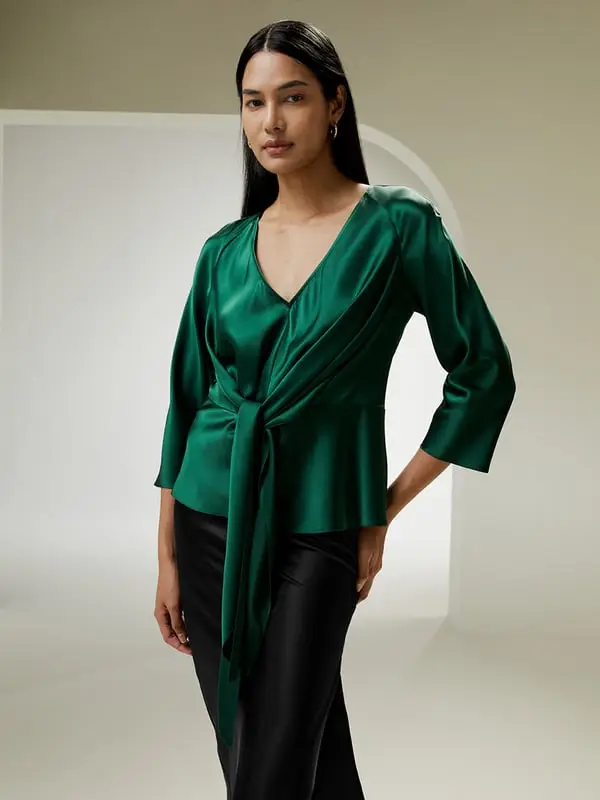 X MIM Camicia Donna in Seta con Laccetto in Vita Scollo a V Elegante Giada