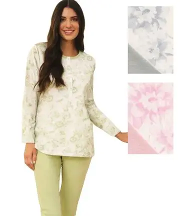 Pigiama donna manica lunga a serafino in jersey di cotone Linclalor 75481
