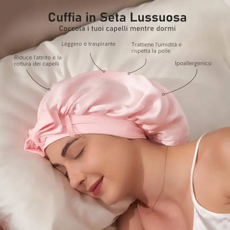 LitBear Cuffia da Notte per Donna in Seta di Gelso 100%, 6A 22 Momme, per Capelli Ricci e Lunghi, Doppio Strato con miniatura 2
