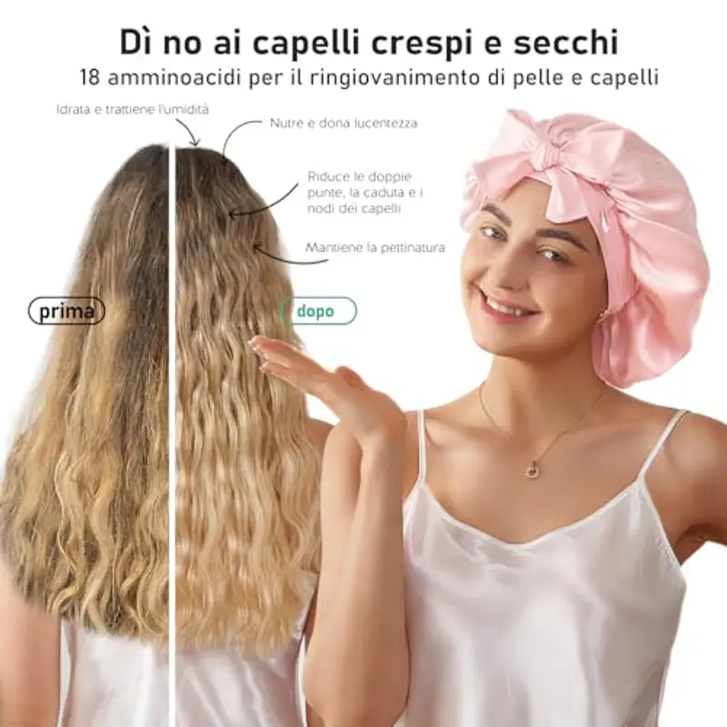 LitBear Cuffia da Notte per Donna in Seta di Gelso 100%, 6A 22 Momme, per Capelli Ricci e Lunghi, Doppio Strato con miniatura 3