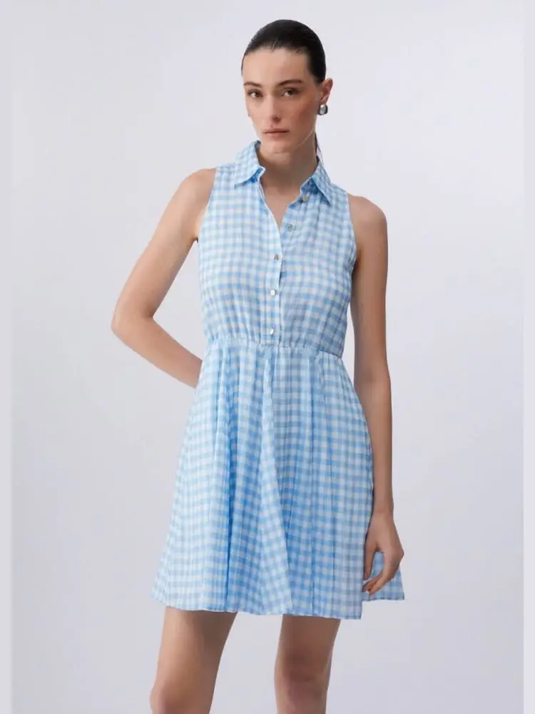 abito corto in vichy celeste chiaro miniatura 3