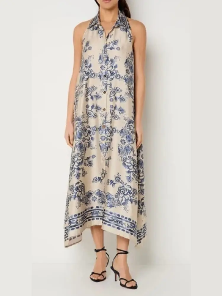 abito donna bianco e blu con pattern floreale