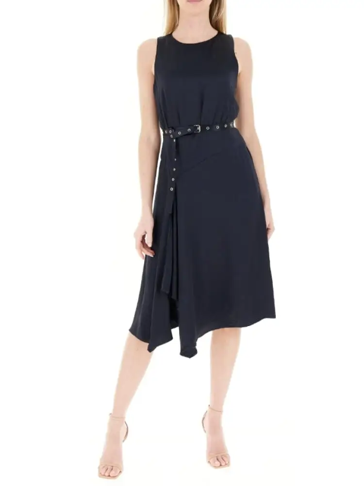 abito donna blu scuro con spacco e cintura