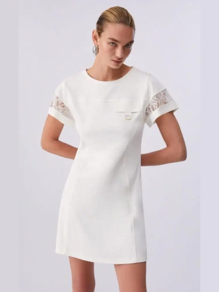 abito donna in jersey bianco con dettagli in pizzo