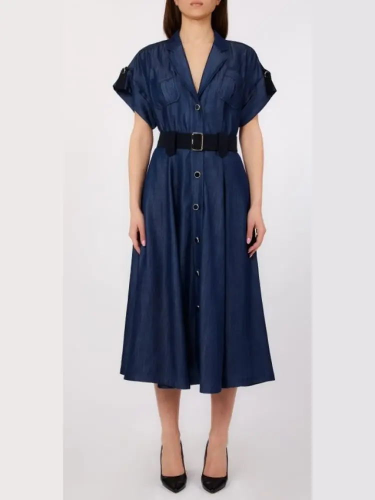 abito donna midi blu con cintura