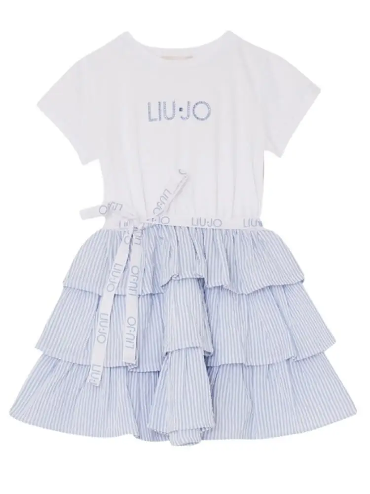abito kids/junior bianco e azzurro con costine e logo lettering