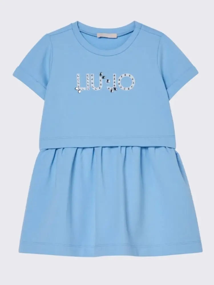 abito kids/junior felpato azzurro con logo lettering con strass