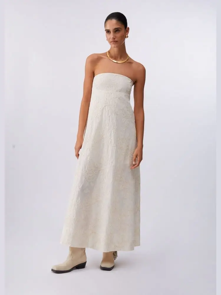 abito lungo in cotone panna con ricami miniatura 3