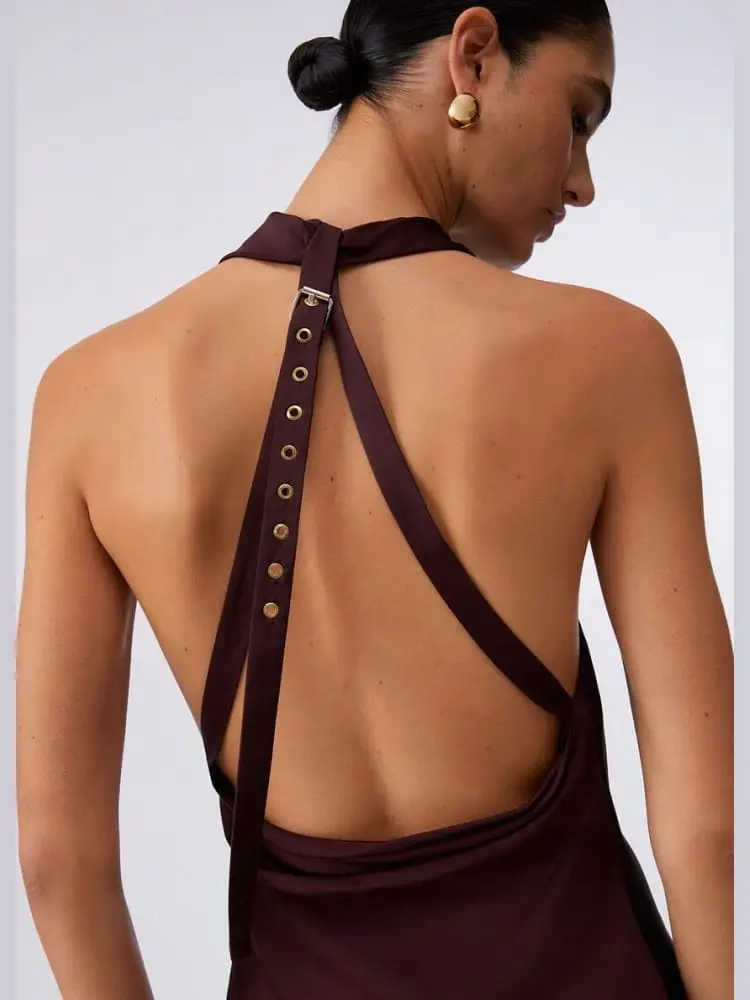 abito lungo in raso ad incrocio marrone miniatura 2