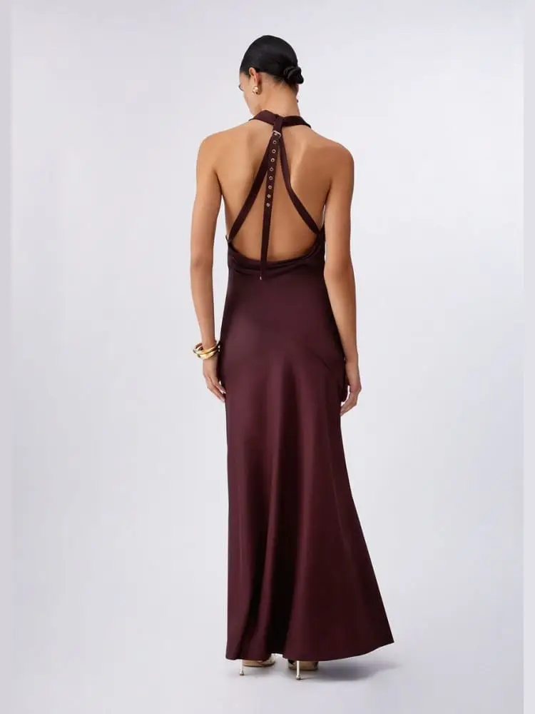 abito lungo in raso ad incrocio marrone miniatura 3