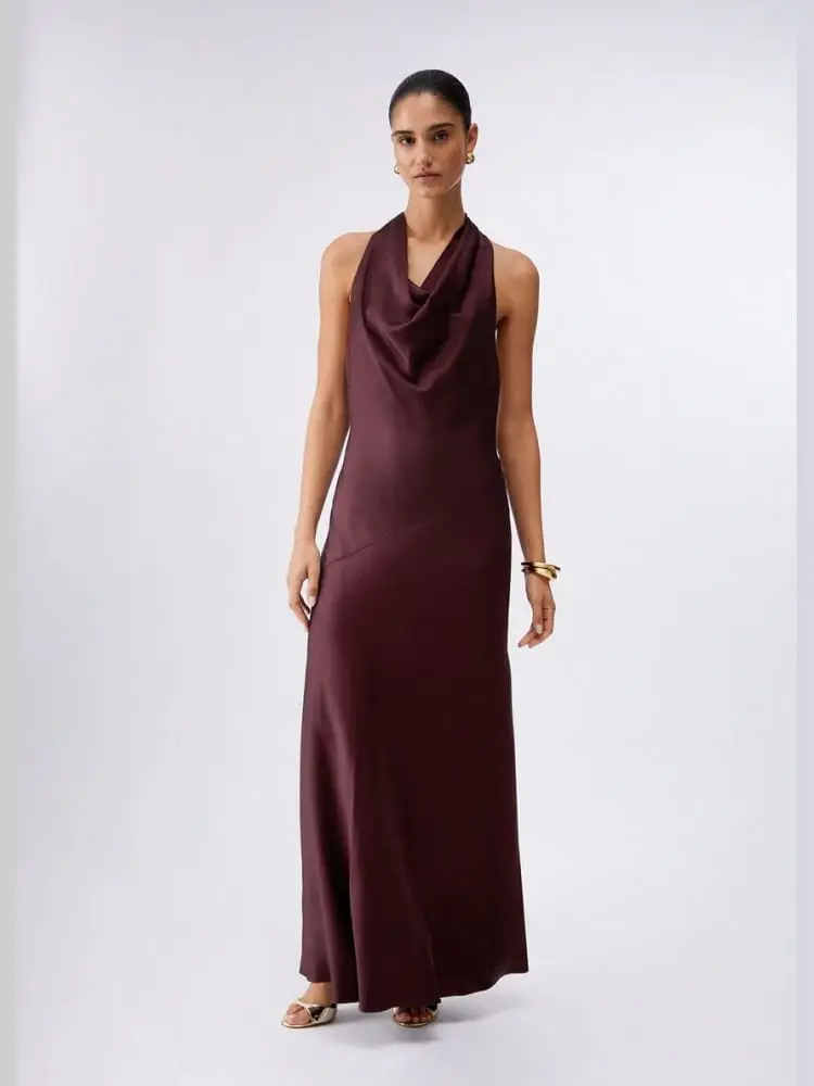 abito lungo in raso ad incrocio marrone miniatura 4