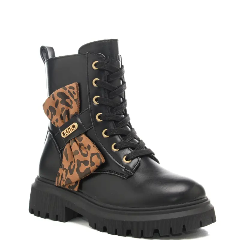 anfibi da bambina con inserto fiocco animalier applicato sulla parte esterna neri miniatura 2