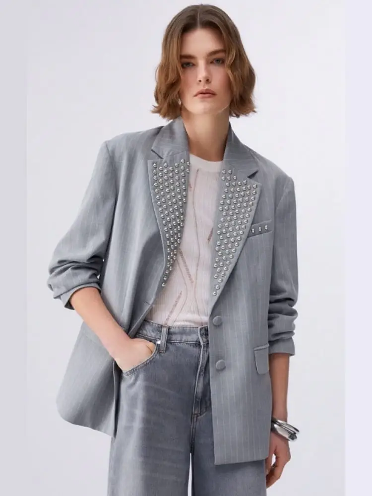 blazer donna gessato grigio con borchie