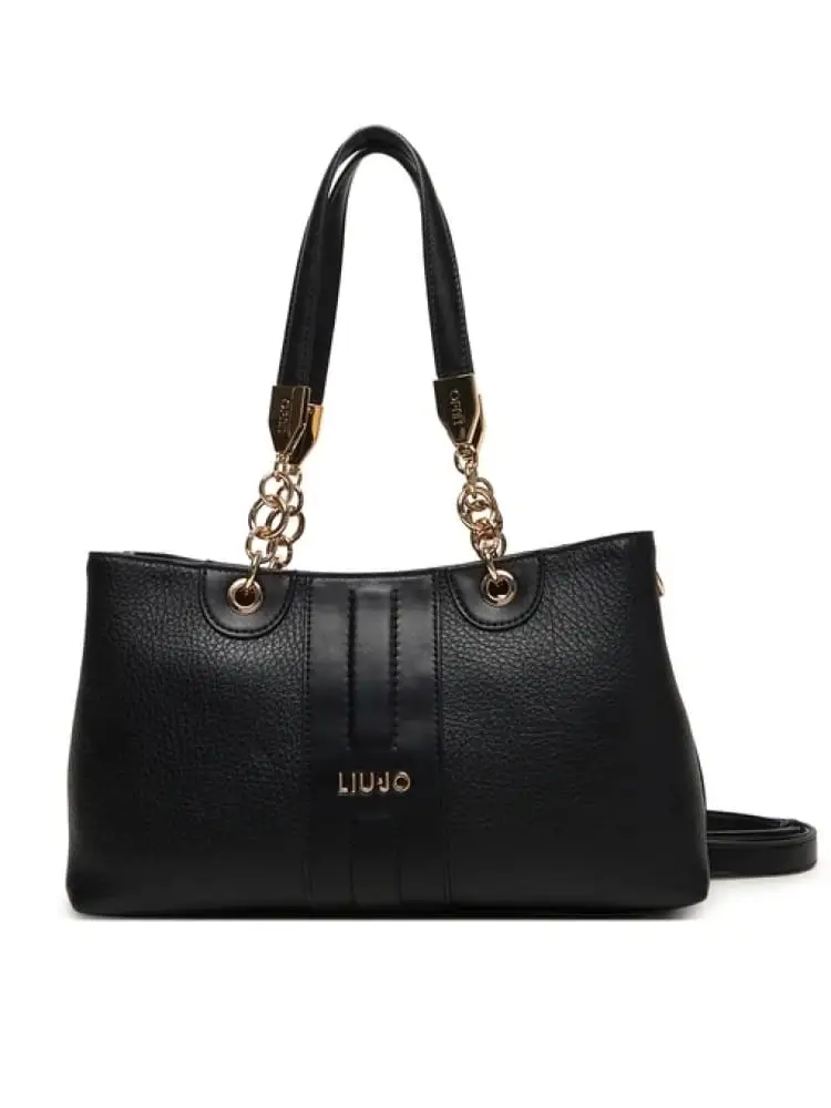 borsa a tracolla donna nera con inserti e logo dorati